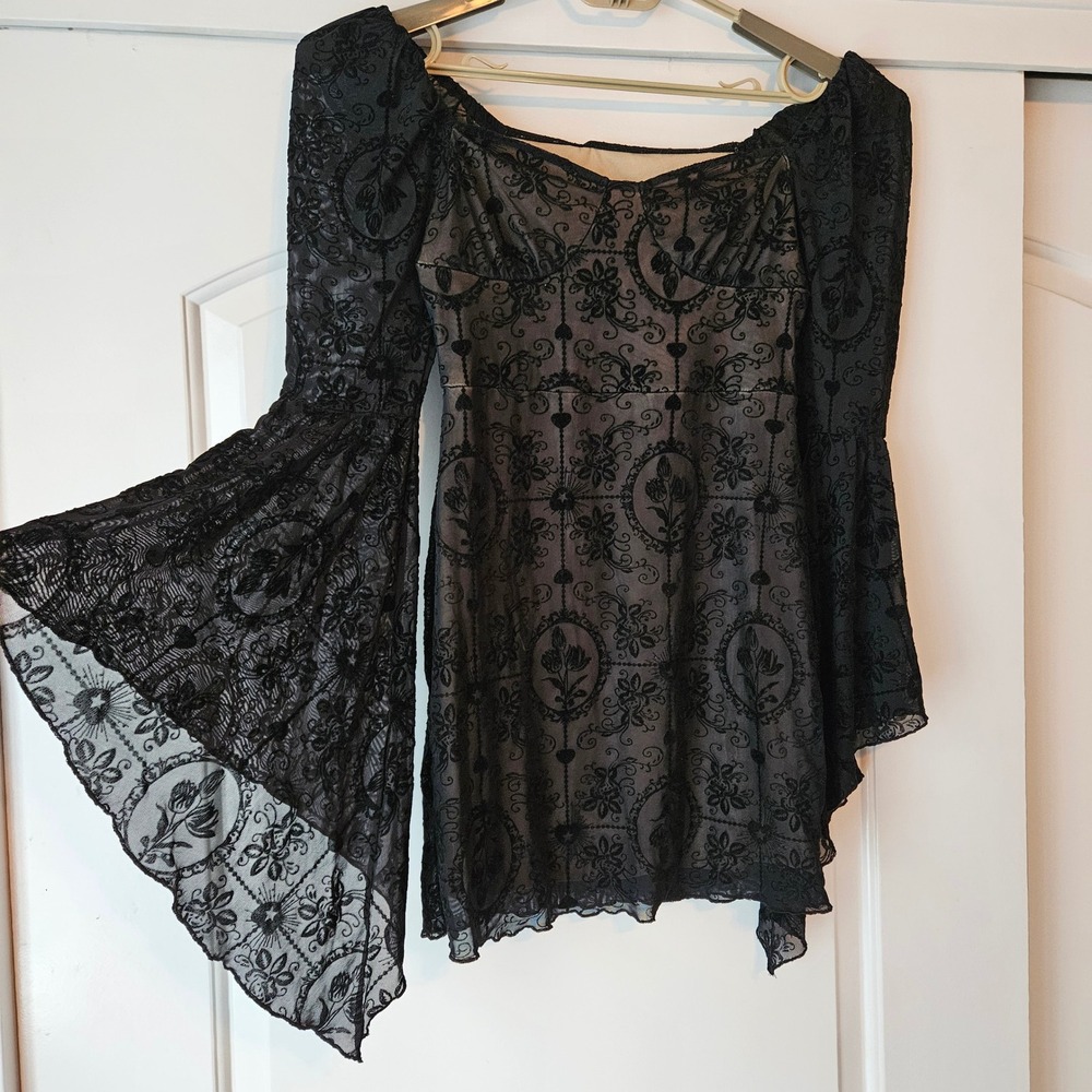 Mini Dress Size Small Black Lace Bell Flare Goth Whimsigoth Velvet Burnout Hoco